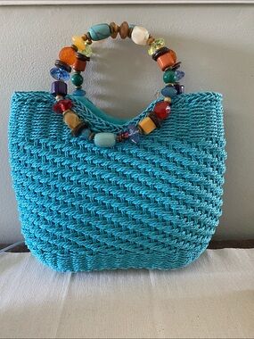 Cappelli Straworld Turquoise Lined Woven Staw Bag with Multicolor Beaded Handles